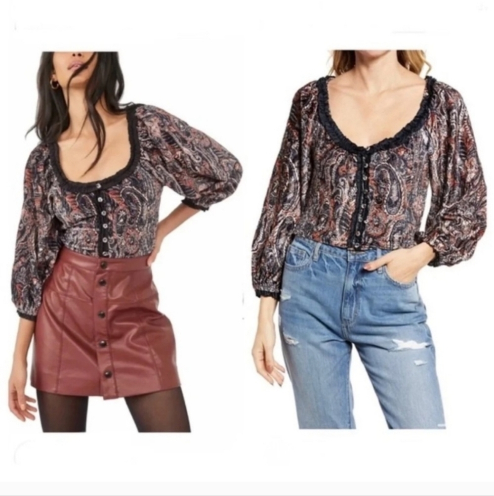 Free People Dare Me Velvet Paisley Cropped Ballon Sleeve Open Back Blouse - Picture 10 of 10